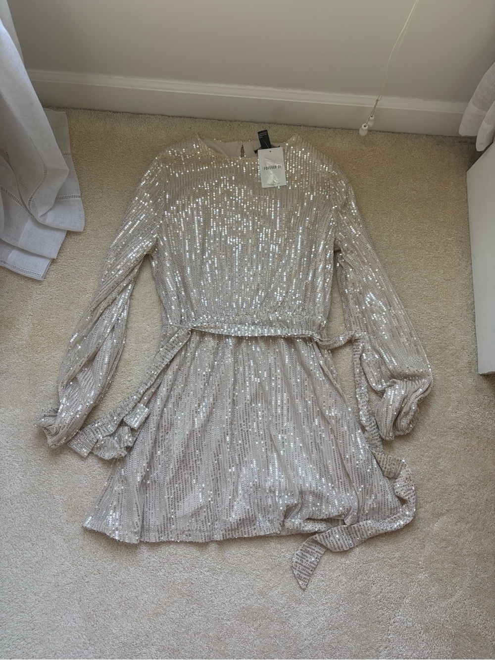 Forever 21 Sequin Long Sleeve Tie-Waist Mini Dress in Champagne
